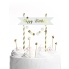 Topper girlanda ozdoby na tort napis Happy Birthday pomponiki gwiazdki biało-złote dekoracje urodzinowe
